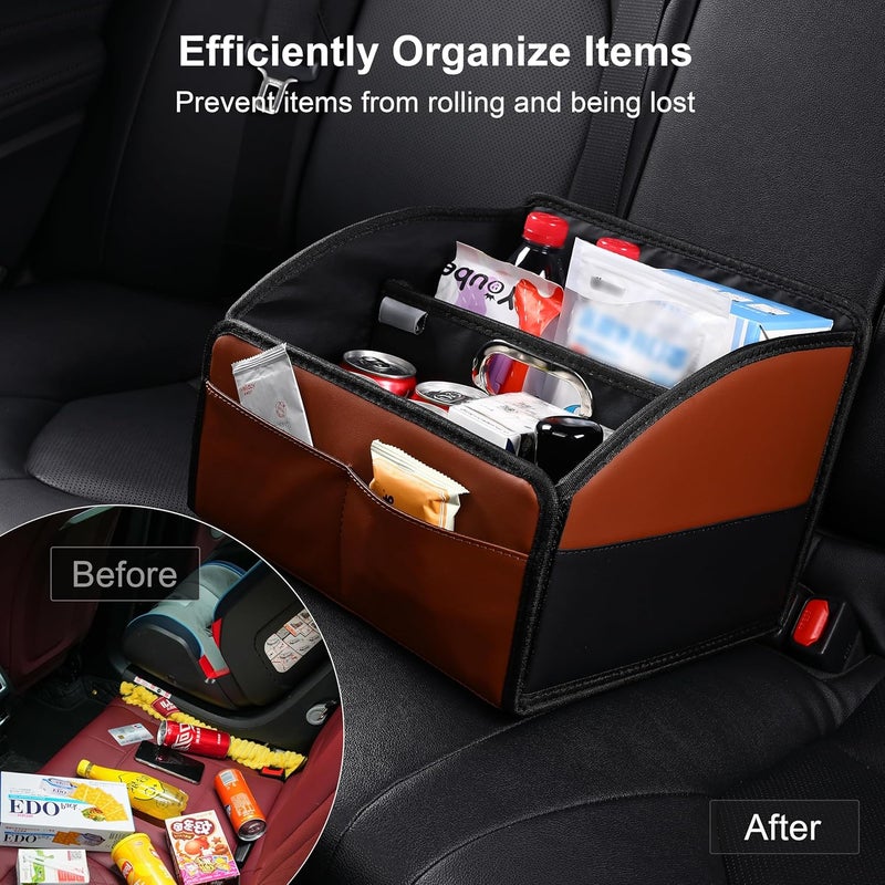 Uplien [2025 UPDATED] Leather Car Seat Organizer, Foldable Storage Box for Front Seat, Back Seats & Floor – Removable Divider, Metal Handle, Adjustable Anti-Slip Strap for Kids & Adults (Black & Brown) - Image 5